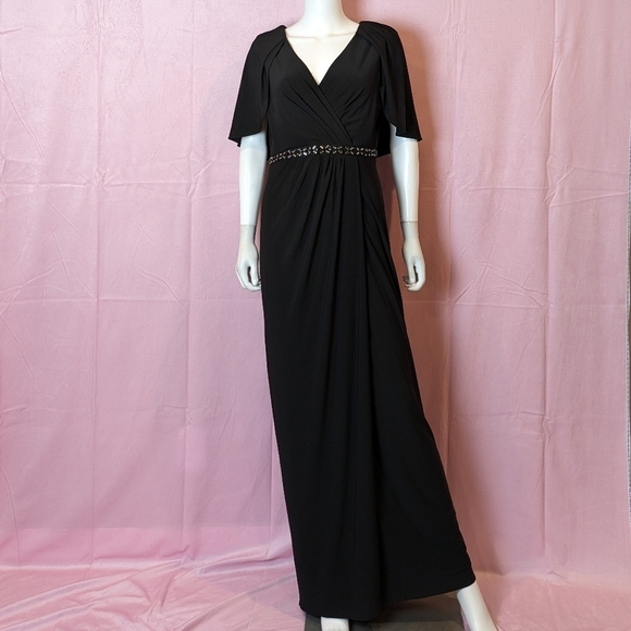 Adrianna Papell Black Cape Sleeve Beaded Waistband Evening Gown size 10